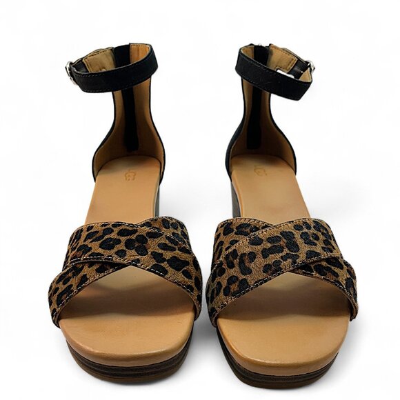 UGG Eugenia Leopard Print Womens Ankle Strap Wedge Sandals Black & Brown Size 10 - Picture 2 of 9